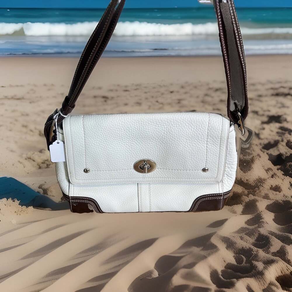 Coach (2010) Hamilton Pebble Leather Tote Bag Off White Brown Purse Y2K Classic